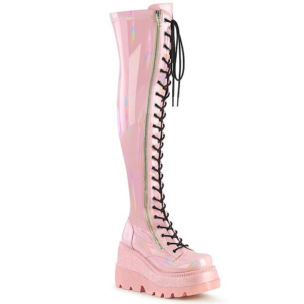 Demonia Women's Shaker-374 Platform Thigh High Boots - Baby Pink Hologram Stretch Patent D3847-15US Clearance